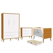 Dormitório Infantil Theo Retrô 3 Portas, Cômoda, Berço Branco/Savana com Pés Amadeirado e Colchão D18 - Reller Móveis