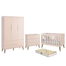 Dormitório Infantil Theo Retrô 3 Portas, Cômoda, Berço Rosa Fosco com Pés Amadeirado e Colchão D18 - Reller Móveis