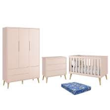 Dormitório Infantil Theo Retrô 3 Portas, Cômoda, Berço Rosa Fosco com Pés Madeira Natural e Colchão - Reller Móveis
