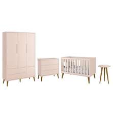 Dormitório Infantil Theo Retrô 3 Portas, Cômoda, Berço e Mesa de Apoio Rosa Fosco com Pés Amadeirado - Reller Móveis