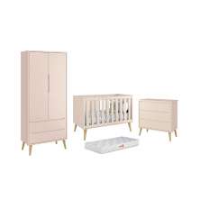 Dormitório Theo 2 Portas Rosa com Pés Madeira Natural e Colchão D18 Branco - Reller Móveis