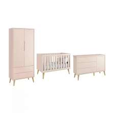 Dormitório Theo 2 Portas e Cômoda 1 Porta Rosa com Pés Madeira Natural - Reller Móveis
