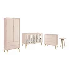 Dormitório Theo 2 Portas e Mesa de Canto Rosa com Pés Madeira Natural - Reller Móveis