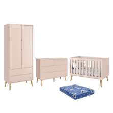 Dormitório Theo 2 Portas, Cômoda 6 Gavetas, Berço Rosa Fosco com Pés Madeira Natural e Colchão - Reller Móveis