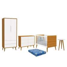 Dormitório Theo 2 Portas, Cômoda 6 Gavetas, Berço, Mesa de Canto Branco/Savana com Pés Amadeirado e Colchão - Reller Móveis