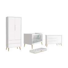 Dormitório Theo 2 Portas, Cômoda com Porta Branco com Pés Madeira Natural e Colchão D18 - Reller Móveis