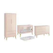 Dormitório Theo 2 Portas, Cômoda com Porta Rosa com Pés Madeira Natural e Colchão D18 - Reller Móveis