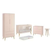 Dormitório Theo 2 Portas, Mesa de Canto Rosa com Pés Madeira Natural e Colchão D18 - Reller Móveis