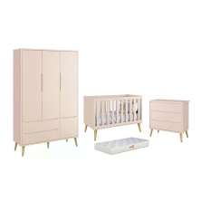 Dormitório Theo 3 Portas, Cômoda 3 Gavetas Rosa com Pés Madeira Natural e Colchão D18 - Reller Móveis