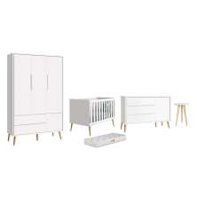 Dormitório Theo 3 Portas, Mesa de Canto Branco com Pés Madeira Natural e Colchão D18 - Reller Móveis