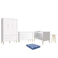 Dormitório Theo Retrô 3 Portas, Cômoda 1 Porta, Berço, Mesa de Apoio Branco Fosco com Pés Madeira Natural e Colchão - Reller Móveis