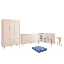 Dormitório Theo Retrô 3 Portas, Cômoda 1 Porta, Berço, Mesa de Apoio Rosa Fosco com Pés Madeira Natural e Colchão - Reller Móveis
