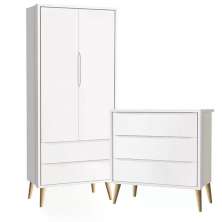 Guarda Roupa 2 Portas e Cômoda 3 Gav Theo Branco Fosco Pés Madeira Natural - Reller Móveis