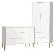 Guarda Roupa 2 Portas e Cômoda com Porta Theo Branco Fosco Pés Madeira Natural - Reller Móveis