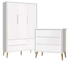 Guarda Roupa 3 Portas e Cômoda 3 Gav Theo Branco Fosco Pés Madeira Natural - Reller Móveis
