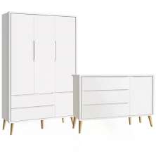 Guarda Roupa 3 Portas e Cômoda com Porta Theo Branco Fosco Pés Madeira Natural - Reller Móveis