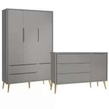 Guarda Roupa 3 Portas e Cômoda com Porta Theo Cinza Fosco Pés Madeira Natural - Reller Móveis
