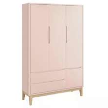 Guarda Roupa Infantil Classic 3 Portas Rosa Fosco com Pés Madeira Natural - Reller Móveis