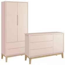 Jogo de Quarto Classic Guarda Roupa 2 Portas e Cômoda Rosa Fosco com Pés Madeira Natural - Reller Móveis