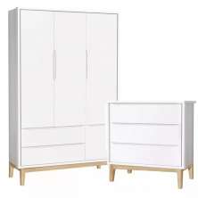 Jogo de Quarto Classic Guarda Roupa 3 Portas e Cômoda 3 Gavetas Branco Fosco com Pés Madeira Natural - Reller Móveis