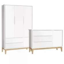 Jogo de Quarto Classic Guarda Roupa 3 Portas e Cômoda Branco Fosco com Pés Madeira Natural - Reller Móveis