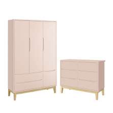 Jogo de Quarto Infantil Classic Guarda Roupa 3 Portas e Cômoda 6 Gavetas Rosa Fosco com Pés Madeira Natural - Reller Móveis