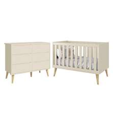 Jogo de Quarto Infantil Theo Cômoda 6 Gavetas e Berço Areia Fosco com Pés Madeira Natural - Reller Móveis