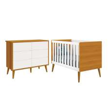 Jogo de Quarto Infantil Theo Cômoda 6 Gavetas e Berço Branco/Savana com Pés Amadeirado - Reller Móveis