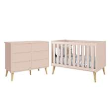 Jogo de Quarto Infantil Theo Cômoda 6 Gavetas e Berço Rosa Fosco com Pés Madeira Natural - Reller Móveis 