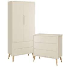 Jogo de Quarto Infantil Theo Guarda Roupa 2 Portas e Cômoda 3 Gavetas Areia Fosco com Pés Madeira Natural - Reller Móveis