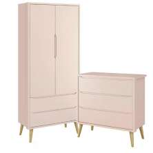 Jogo de Quarto Infantil Theo Guarda Roupa 2 Portas e Cômoda 3 Gavetas Rosa Fosco com Pés Madeira Natural - Reller Móveis