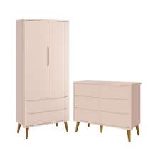 Jogo de Quarto Infantil Theo Guarda Roupa 2 Portas e Cômoda 6 Gavetas Rosa Fosco com Pés Amadeirado - Reller Móveis
