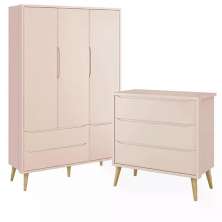 Jogo de Quarto Infantil Theo Guarda Roupa 3 Portas e Cômoda 3 Gavetas Rosa Fosco com Pés Madeira Natural - Reller Móveis