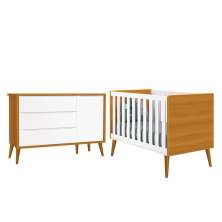 Jogo de Quarto Infantil Theo Retrô Cômoda 1 Porta e Berço Branco/Savana com Pés Amadeirado - Reller Móveis