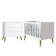 Jogo de Quarto Infantil Theo Retrô Cômoda 3 Gavetas e Berço Branco Fosco com Pés Amadeirado - Reller Móveis