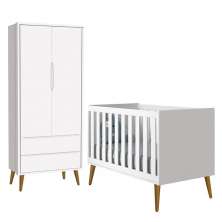 Jogo de Quarto Infantil Theo Retrô Guarda Roupa 2 Portas e Berço Branco Fosco com Pés Amadeirado - Reller Móveis
