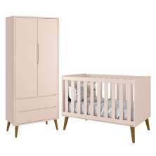 Jogo de Quarto Infantil Theo Retrô Guarda Roupa 2 Portas e Berço Rosa Fosco com Pés Amadeirado - Reller Móveis
