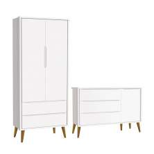 Jogo de Quarto Infantil Theo Retrô Guarda Roupa 2 Portas e Cômoda 1 Porta Branco Fosco com Pés Amadeirado - Reller Móveis