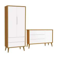 Jogo de Quarto Infantil Theo Retrô Guarda Roupa 2 Portas e Cômoda 1 Porta Branco/Savana com Pés Amadeirado - Reller Móveis