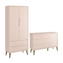 Jogo de Quarto Infantil Theo Retrô Guarda Roupa 2 Portas e Cômoda 1 Porta Rosa Fosco com Pés Amadeirado - Reller Móveis