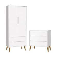 Jogo de Quarto Infantil Theo Retrô Guarda Roupa 2 Portas e Cômoda Branco Fosco com Pés Amadeirado - Reller Móveis