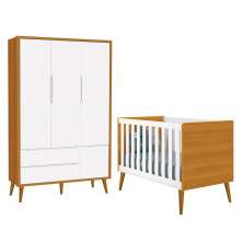 Jogo de Quarto Infantil Theo Retrô Guarda Roupa 3 Portas e Berço Branco/Savana com Pés Amadeirado - Reller Móveis