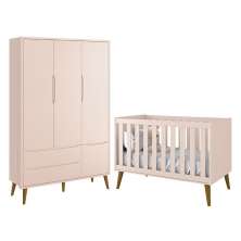 Jogo de Quarto Infantil Theo Retrô Guarda Roupa 3 Portas e Berço Rosa Fosco com Pés Amadeirado - Reller Móveis
