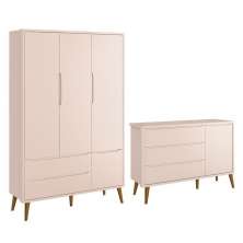 Jogo de Quarto Infantil Theo Retrô Guarda Roupa 3 Portas e Cômoda 1 Porta Rosa Fosco com Pés Amadeirado - Reller Móveis