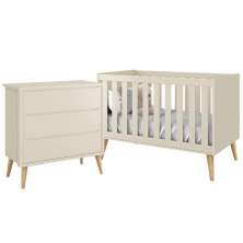 Jogo de Quarto Infantil Theo Cômoda 3 Gavetas e Berço Areia Fosco com Pés Madeira Natural - Reller Móveis