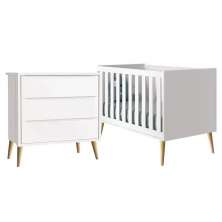 Jogo de Quarto Infantil Theo Cômoda 3 Gavetas e Berço Branco Fosco com Pés Madeira Natural - Reller Móveis