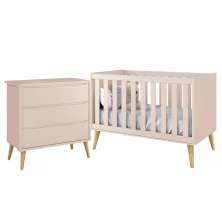 Jogo de Quarto Infantil Theo Cômoda 3 Gavetas e Berço Rosa Fosco com Pés Madeira Natural - Reller Móveis