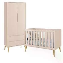 Jogo de Quarto Infantil Theo Guarda Roupa 2 Portas e Berço Rosa Fosco com Pés Madeira Natural - Reller Móveis