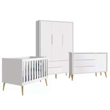 Quarto Infantil Theo 3 portas Branco Fosco com Pés Madeira Natural - Reller Móveis