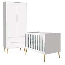 Quarto com Berço Theo e Guarda Roupa 2 Portas e Pés Madeira Natural Branco Fosco - Reller Móveis